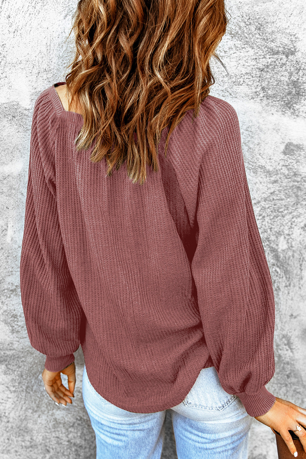 Square Neck Puff Sleeve Waffle Knit Top-yoyobikini