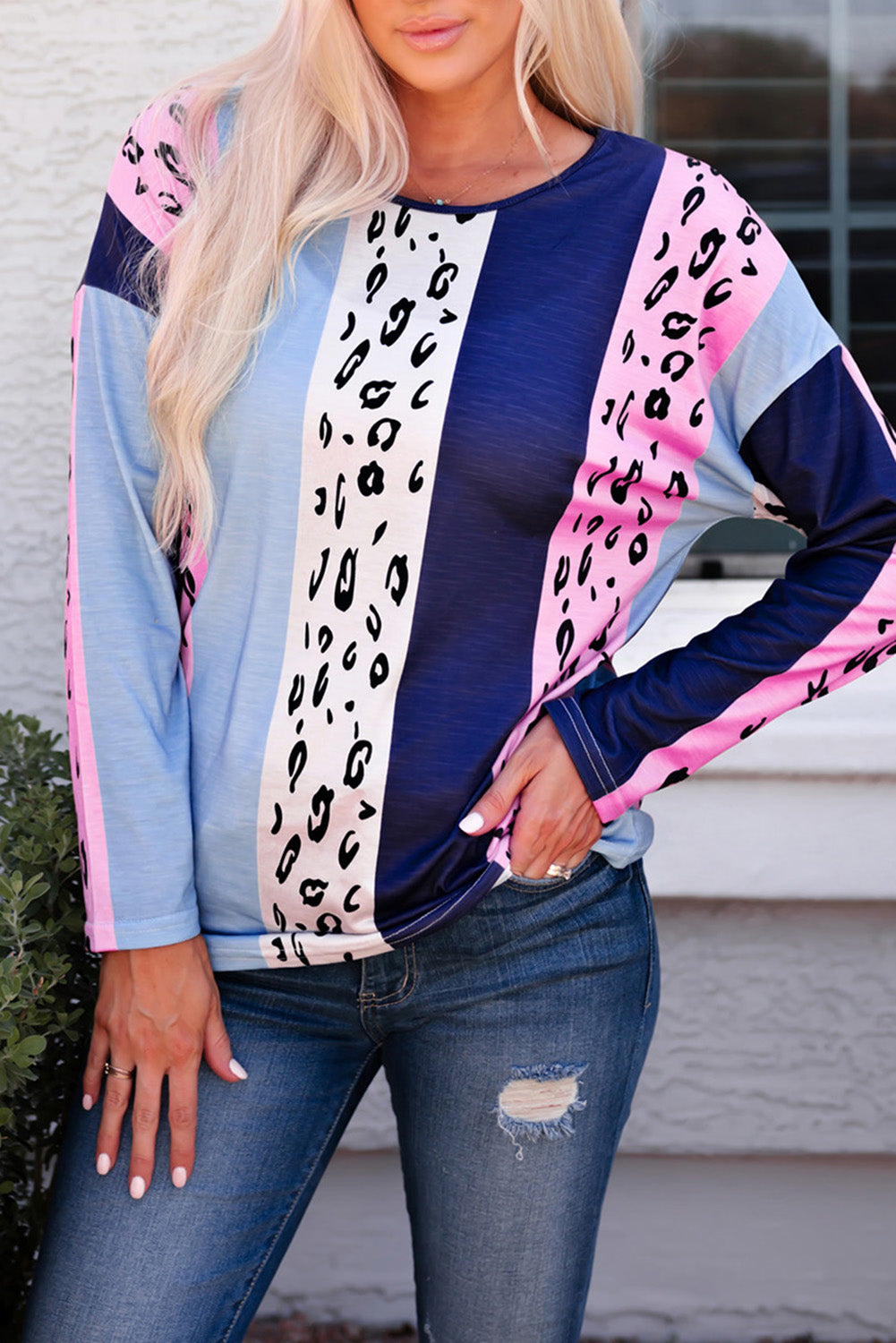Leopard Color Block Leopard Long Sleeve Blouse-yoyobikini