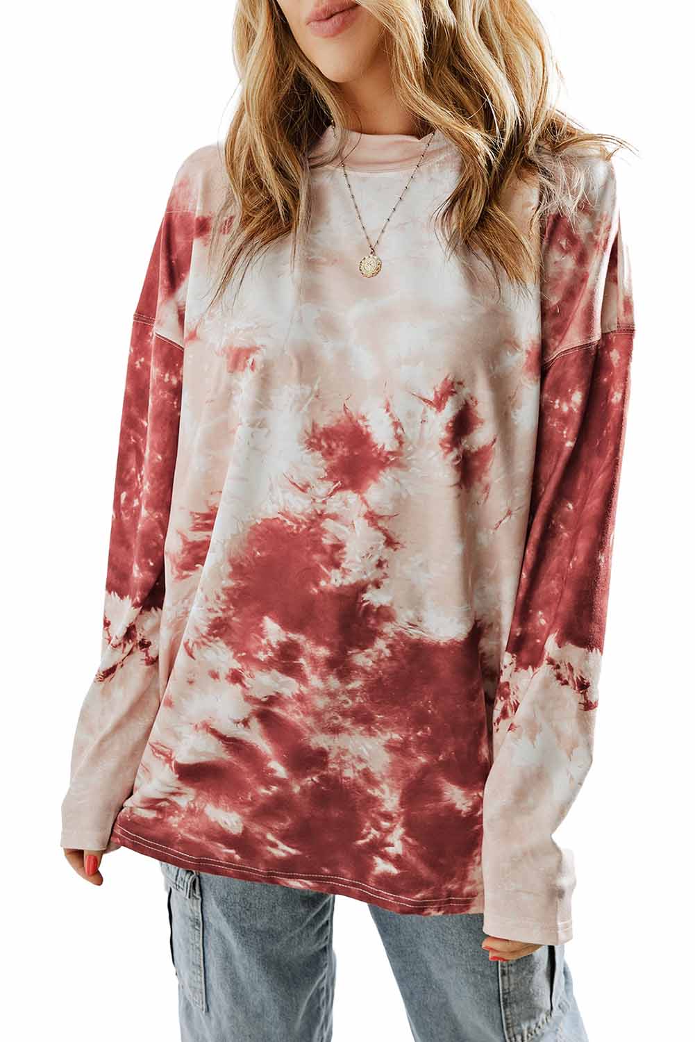 Red Tie Dye Crew Neck Long Sleeve Top-yoyobikini