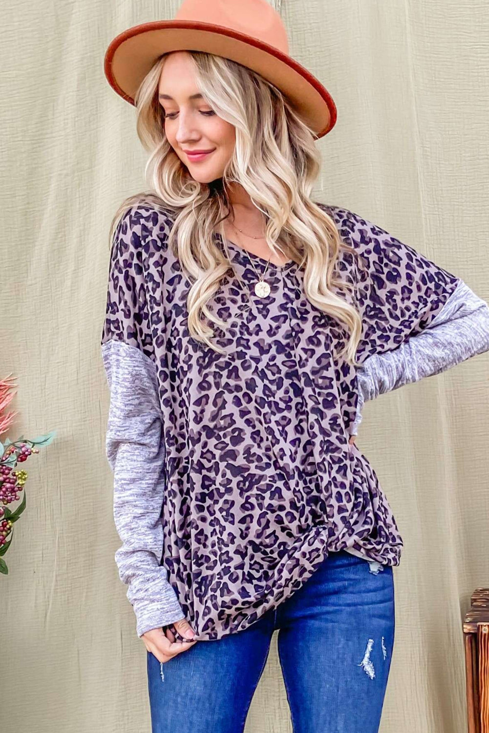 Leopard Print Drop Shoulder Patchwork Sleeve Top-yoyobikini