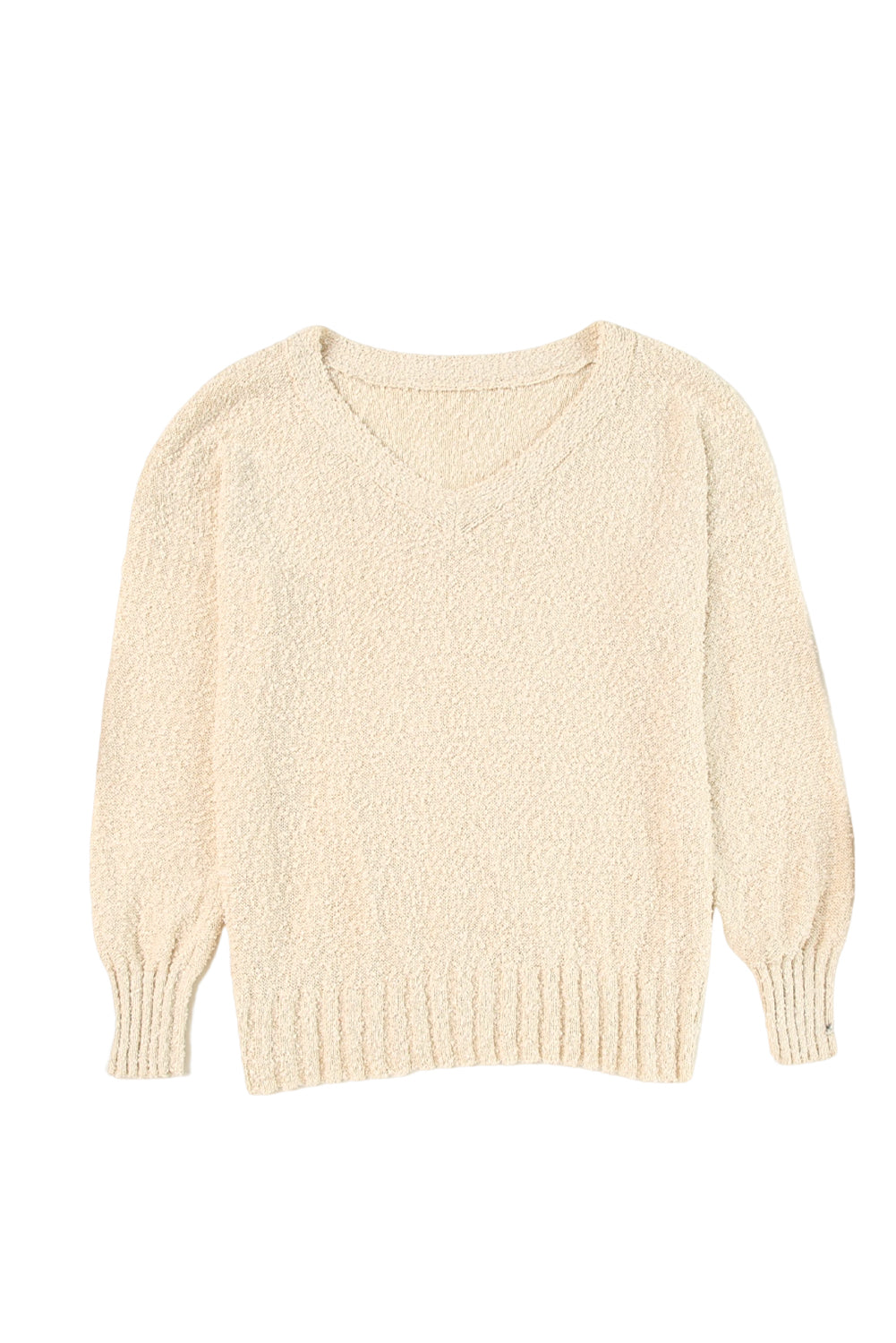 Beige Solid Fuzzy V-Neck Sweater-yoyobikini