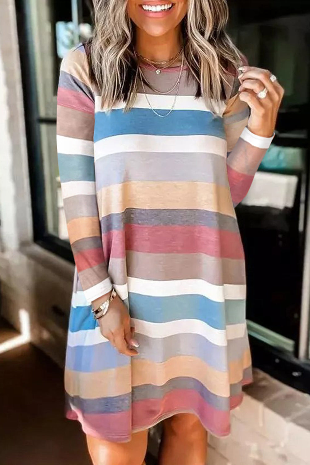 Rainbow Long Sleeve Stripes Mini Dress-yoyobikini