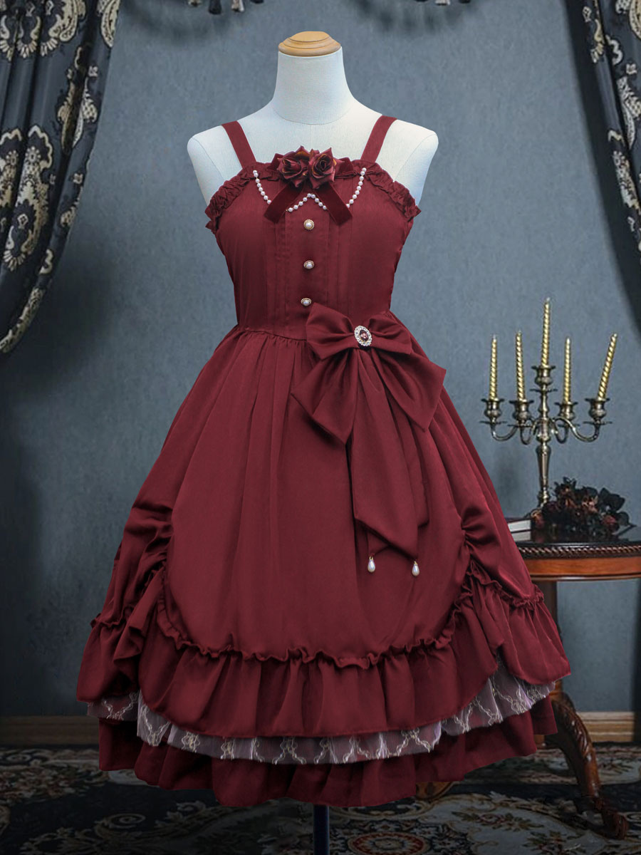 Victorian Classical Lolita JSK Dress Women Elegant Sweet Palace Queen Party Dresses Ink Green Ruffles Bows Sleeveless Polyester Lolita Girly Gothic Slip Dress