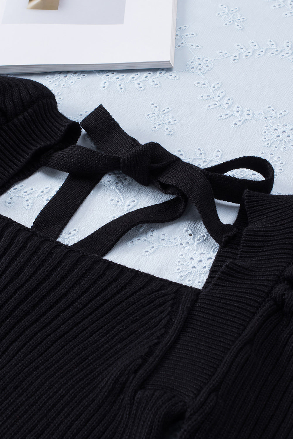 Black Square Neck Puffy Sleeve Sweater Dress-yoyobikini