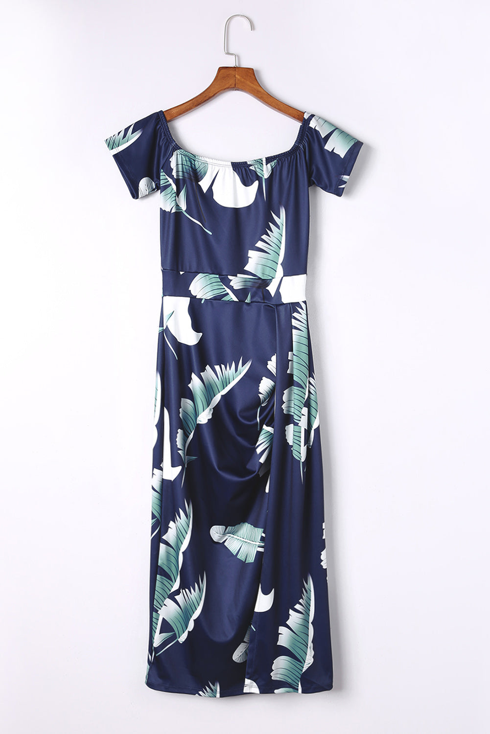 Blue Pattern Print Off Shoulder Slit Bodycon Midi Dress-yoyobikini