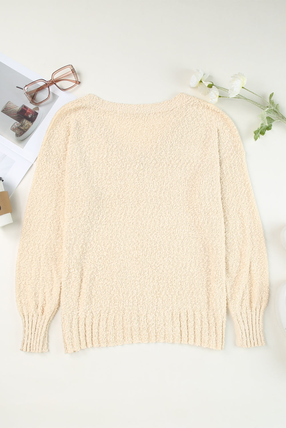 Beige Solid Fuzzy V-Neck Sweater-yoyobikini