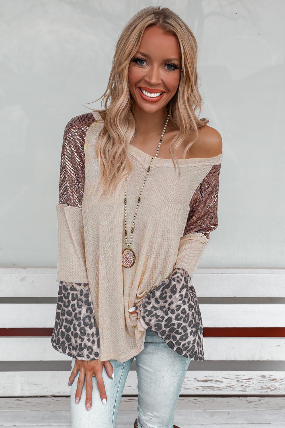 Leopard Sequin Patchwork Bell Sleeve V Neck Tunic Top-yoyobikini
