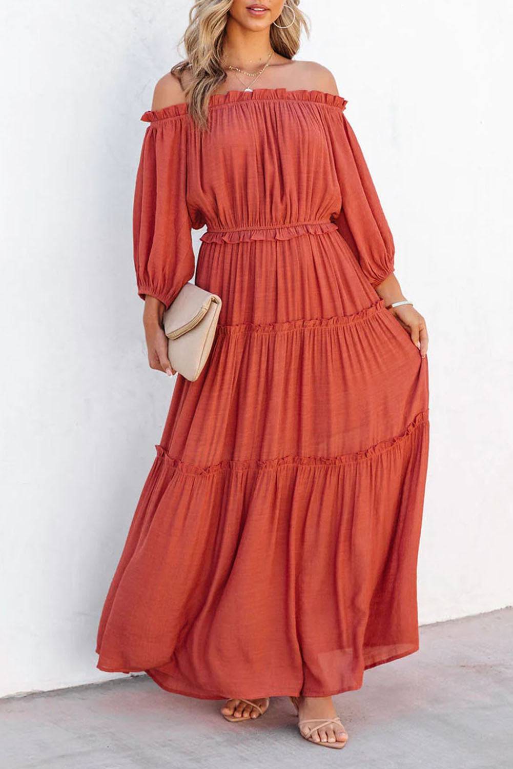 Orange Off Shoulder Balloon Sleeve Cutout Ruffled Maxi Dress-yoyobikini