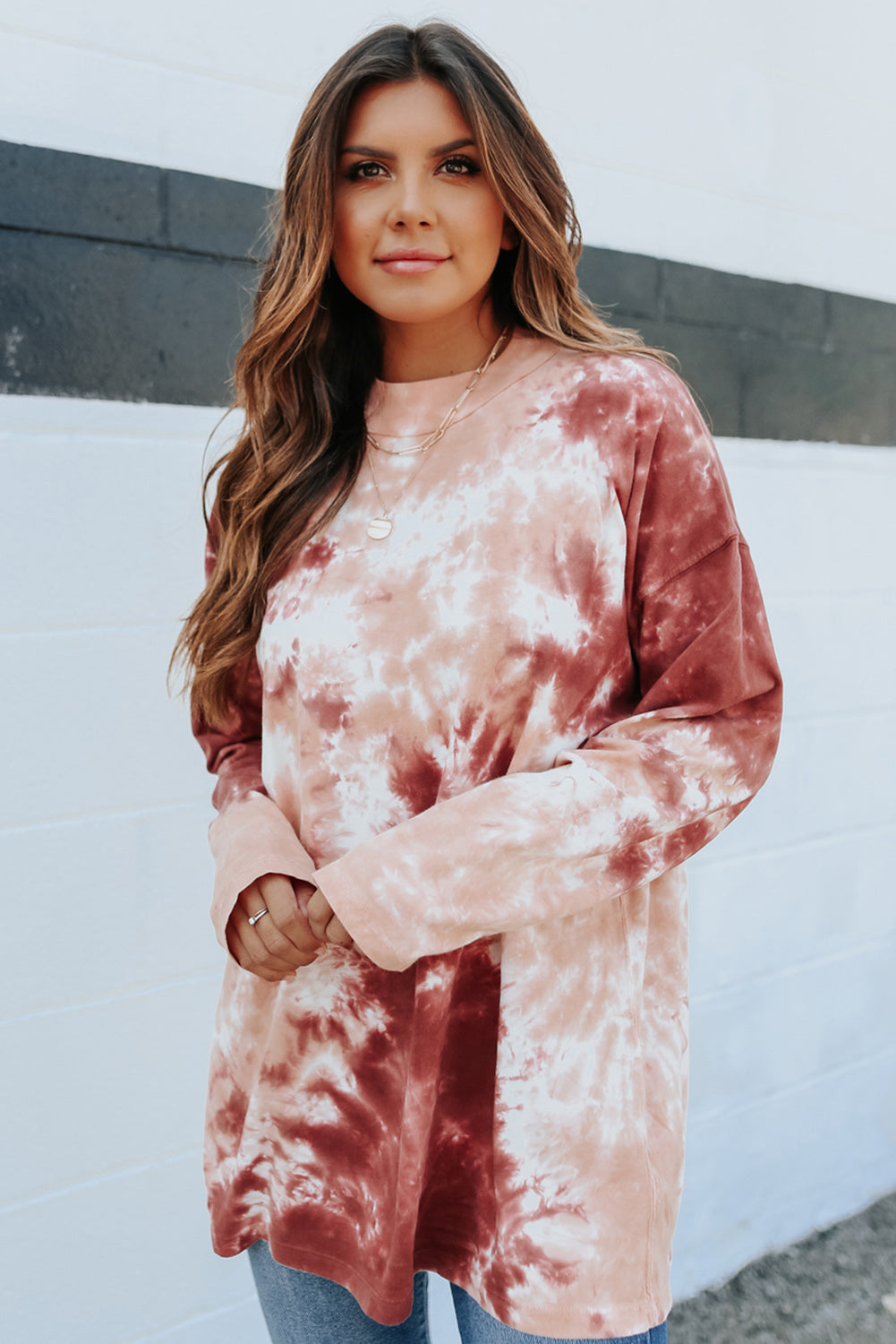 Red Tie Dye Crew Neck Long Sleeve Top-yoyobikini