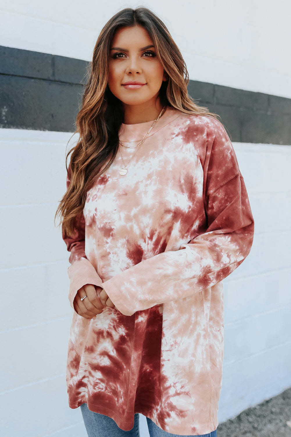 Red Tie Dye Crew Neck Long Sleeve Top-yoyobikini