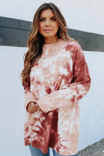 Red Tie Dye Crew Neck Long Sleeve Top-yoyobikini