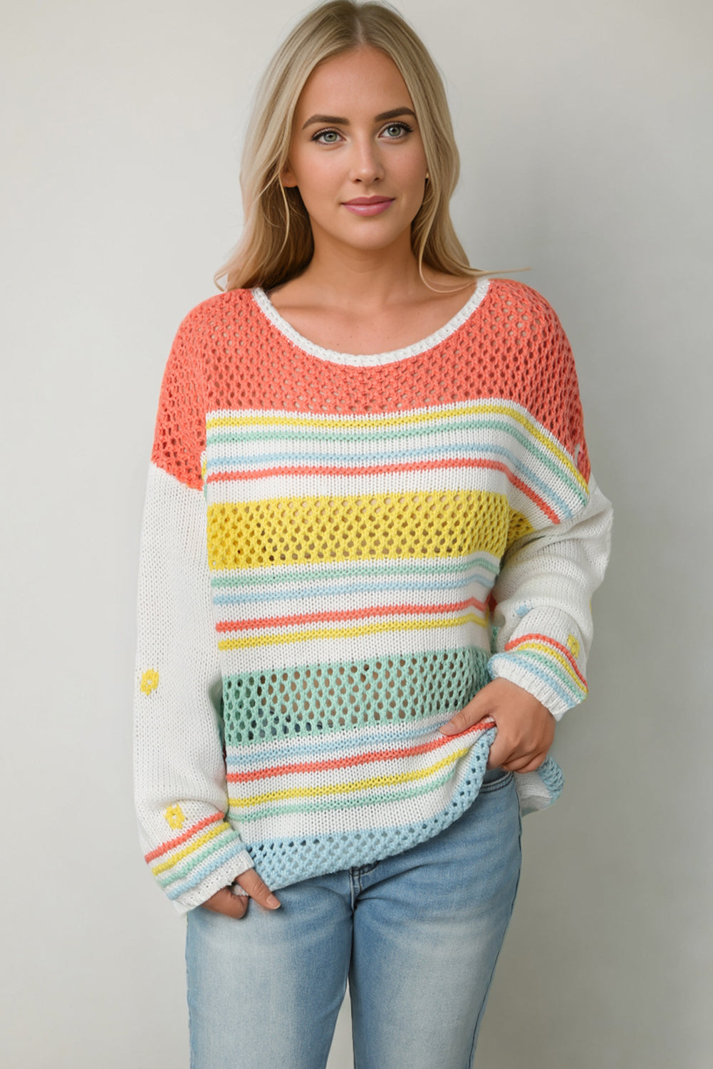 Multicolor Hollow Striped Knit Contrast Sleeve Sweater-yoyobikini