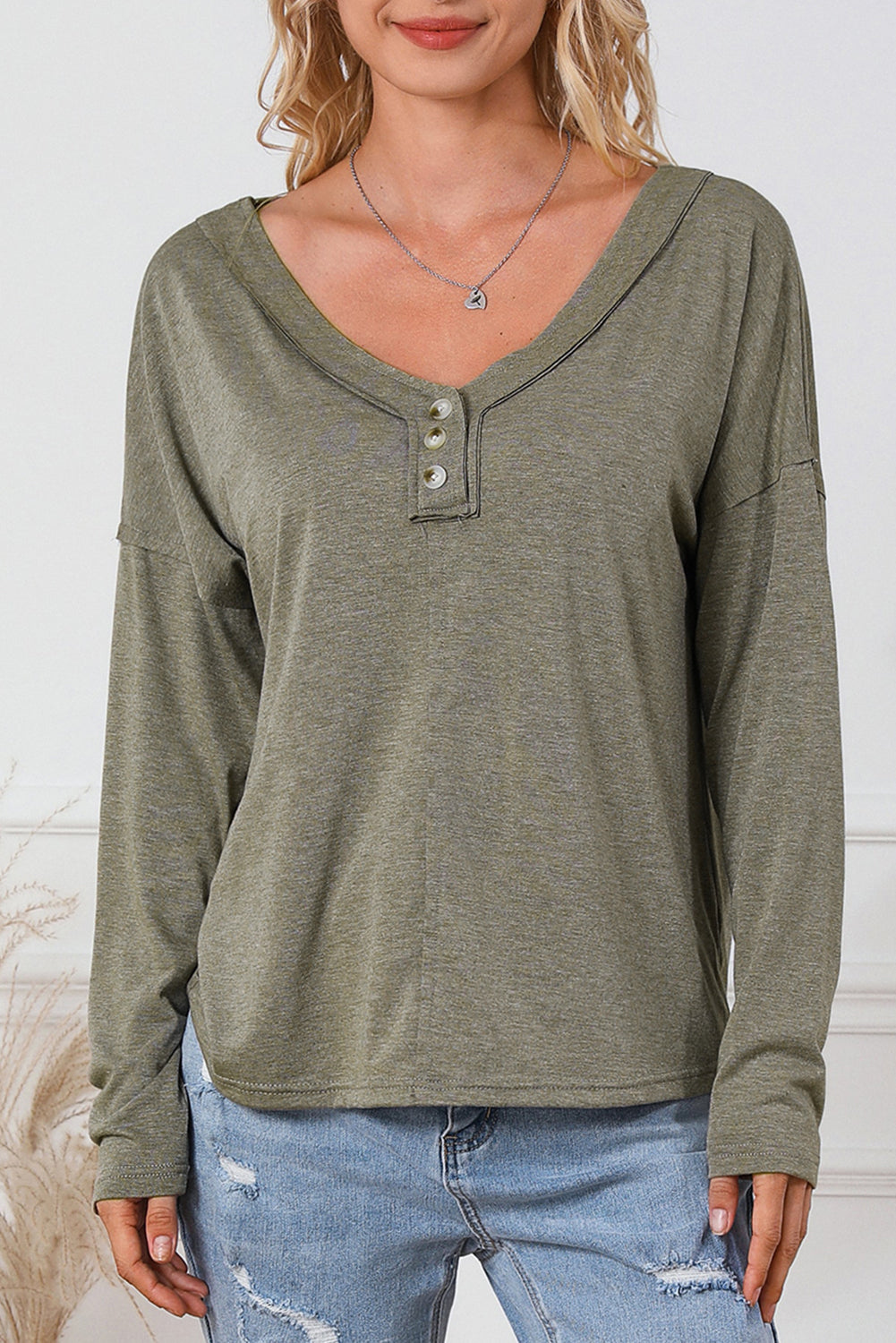 Khaki Long Sleeve V-Neck Stitching Henley Top-yoyobikini