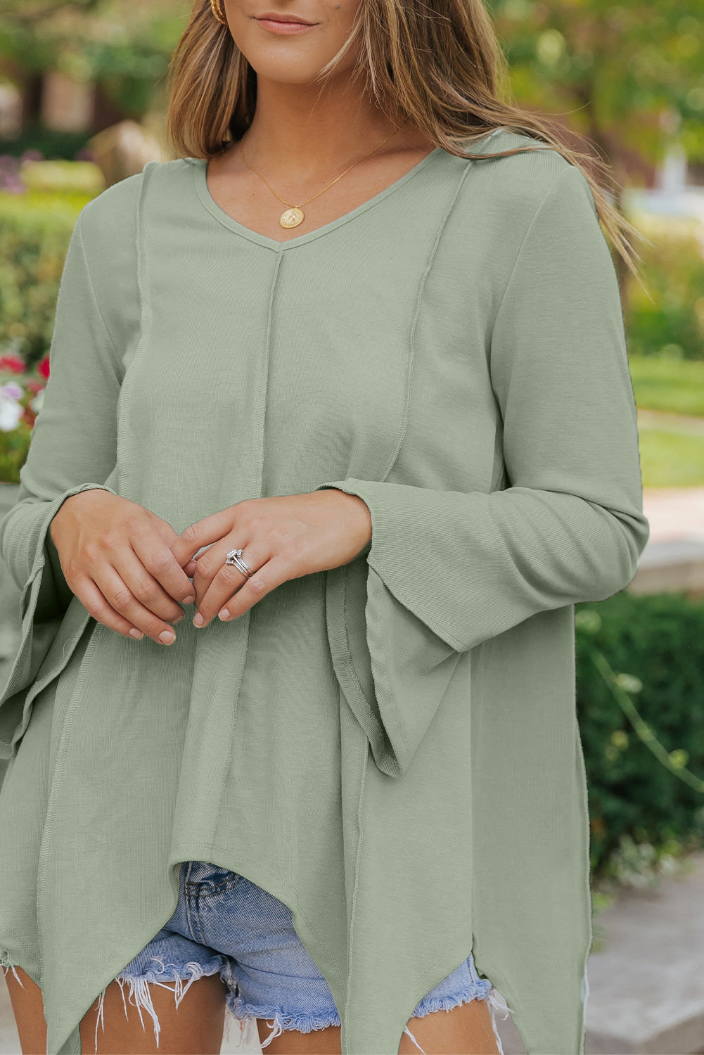 Green Ribbed Expose Seam Bell Sleeve Top-yoyobikini