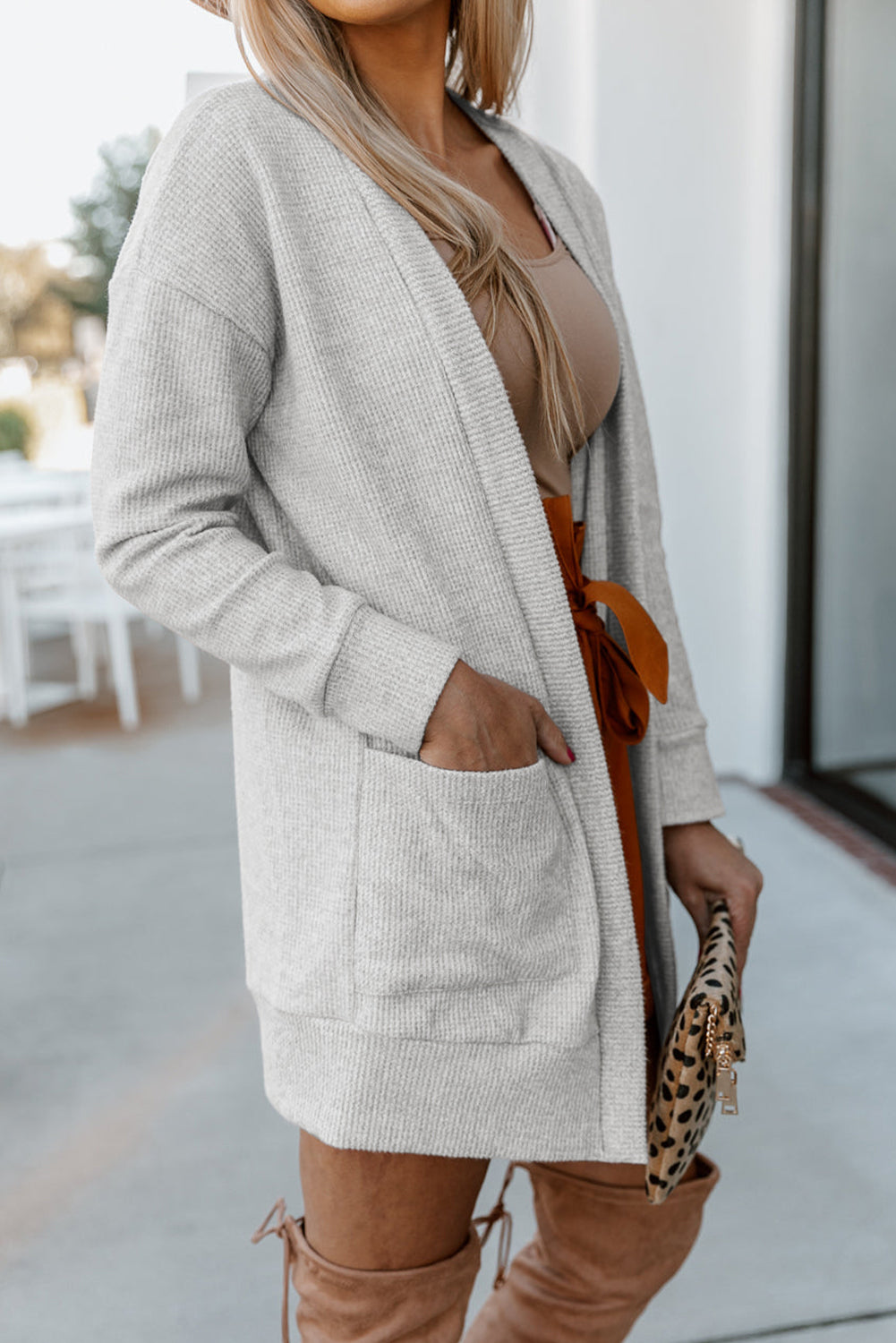 Light Gray Thermal Waffle Knit Pocketed Cardigan-yoyobikini