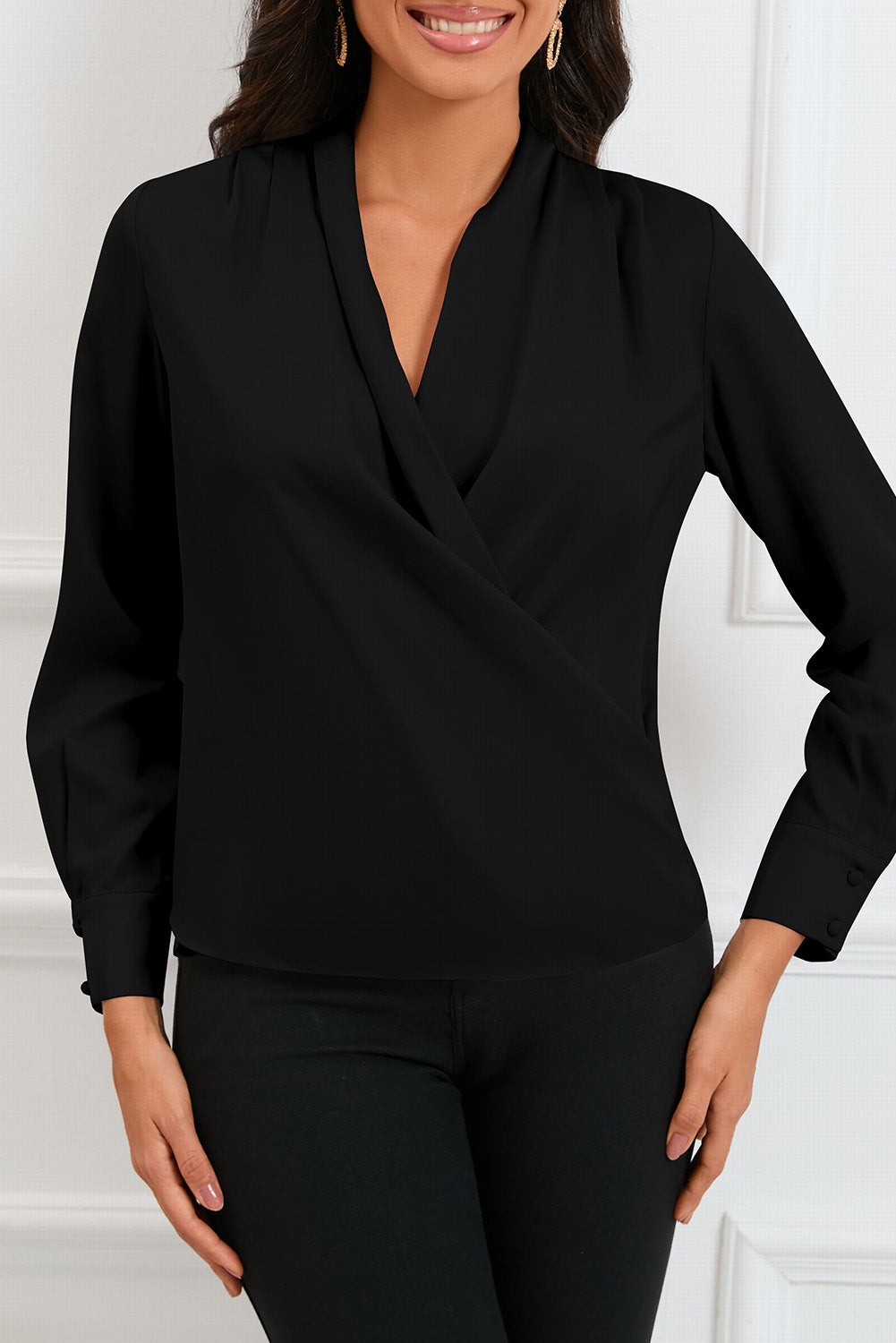 Black Solid Wrap V Neck Long Sleeve Top-yoyobikini