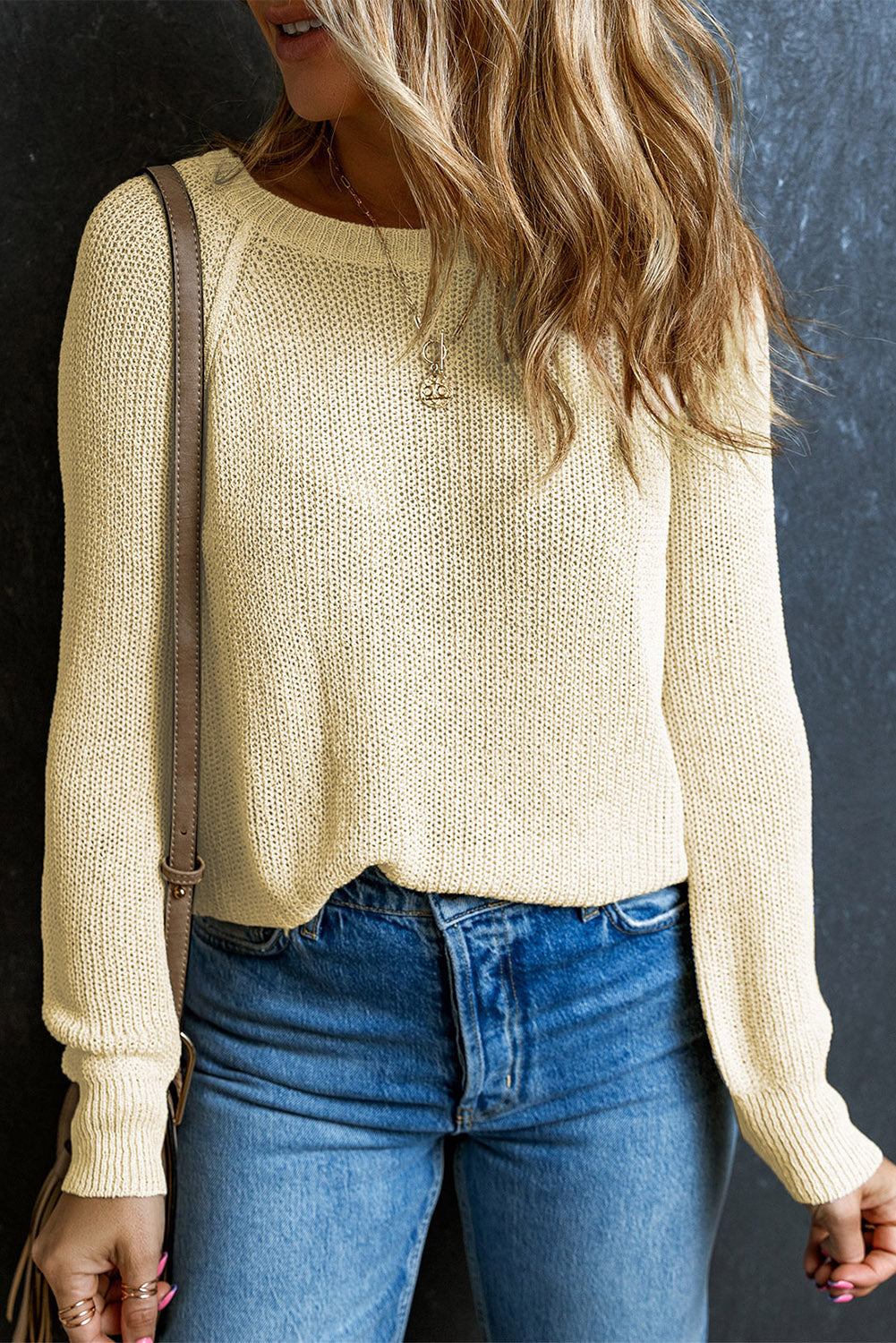 Apricot Raglan Sleeve Crewneck Casual Sweater-yoyobikini