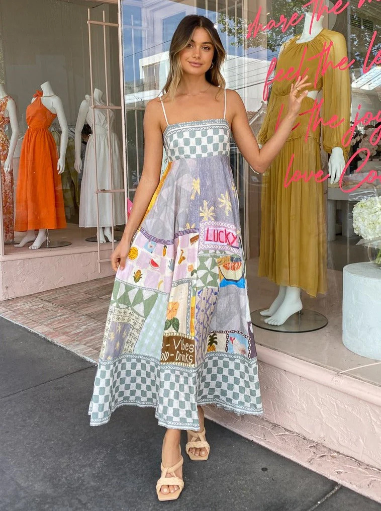 Summer Dress Straps Neck Printed Pleated Backless Gray Long Beach Dress