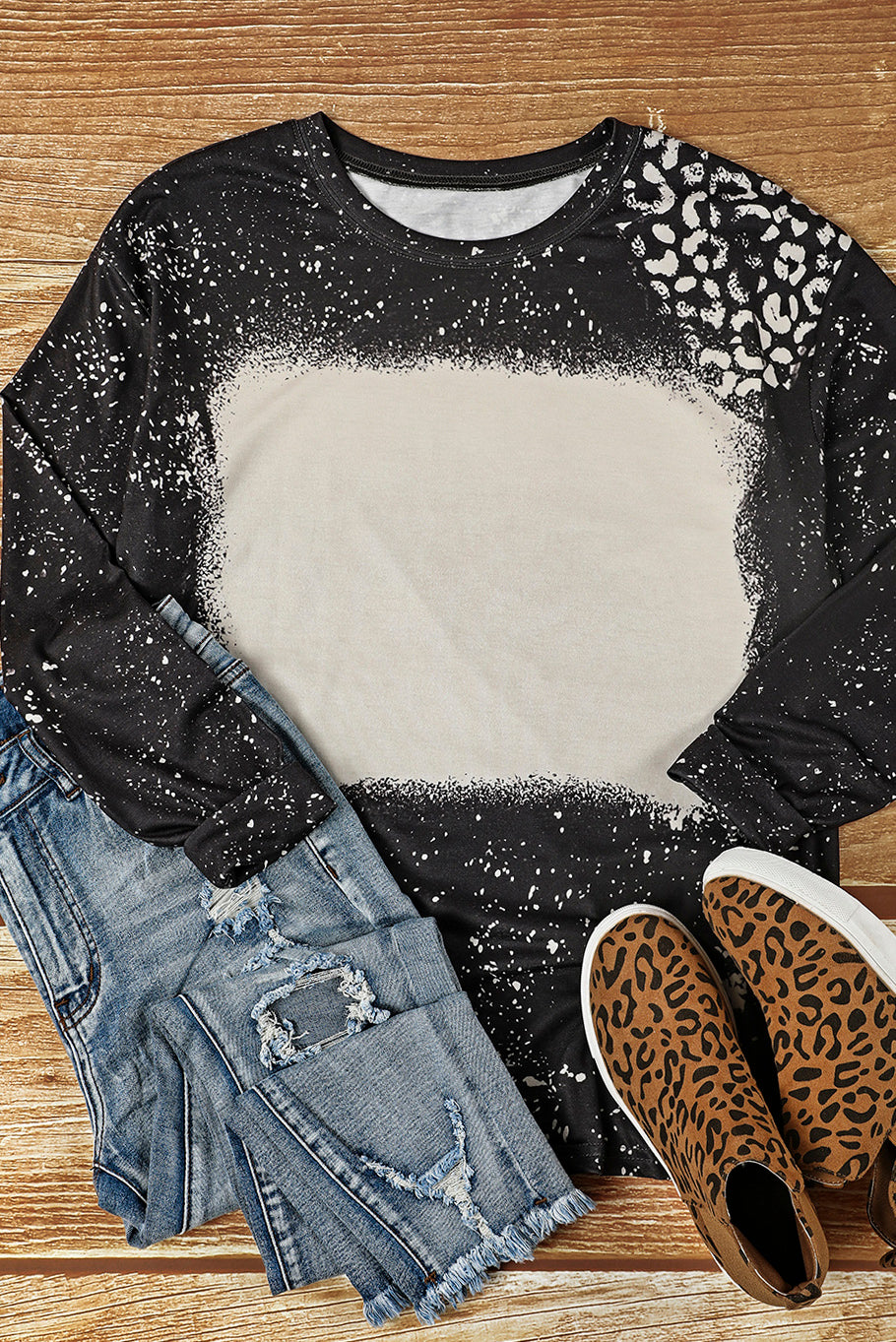 Black Retro Bleached Leopard Spot Pullover-yoyobikini