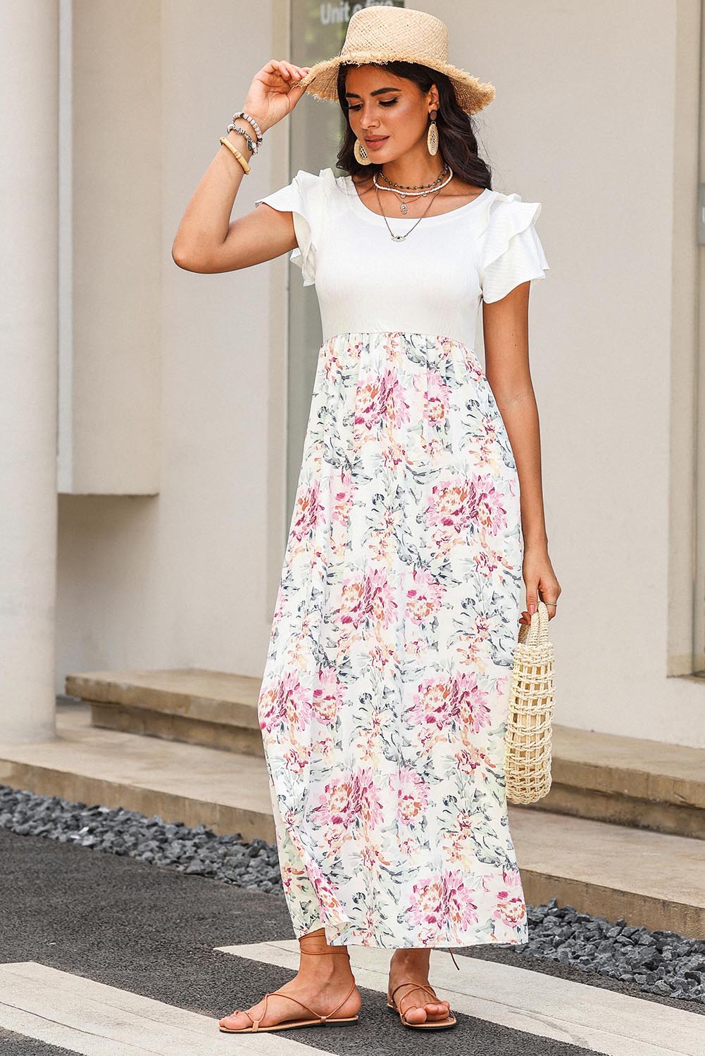 White Floral Patchwork Ribbed Maxi Dress with Pockets-yoyobikini