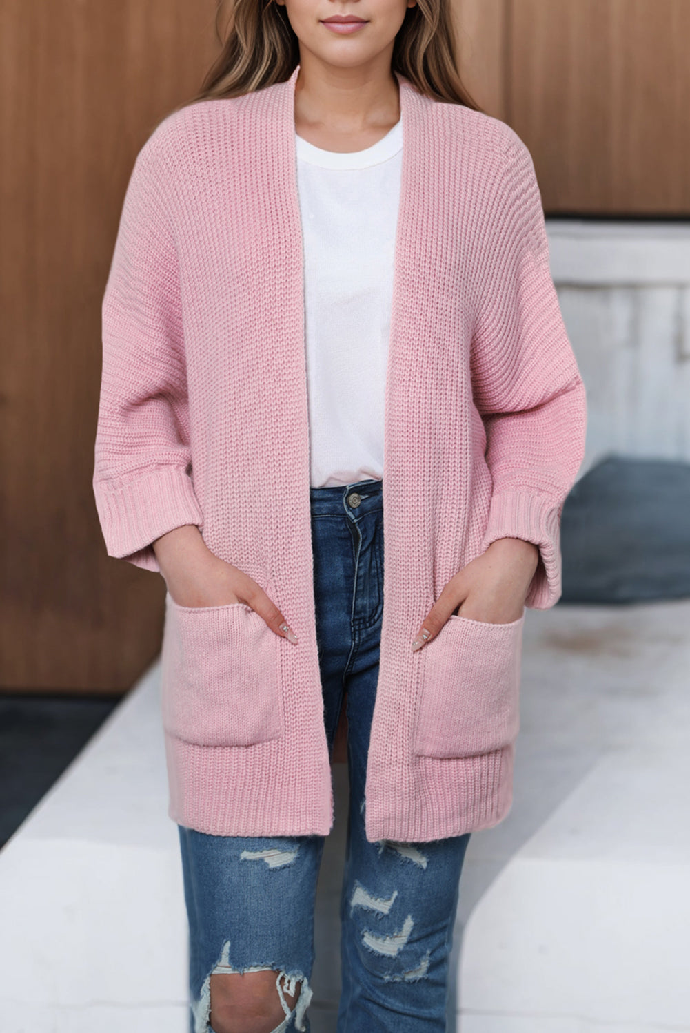 Pink Oversized Fold Over Sleeve Sweater Cardigan-yoyobikini