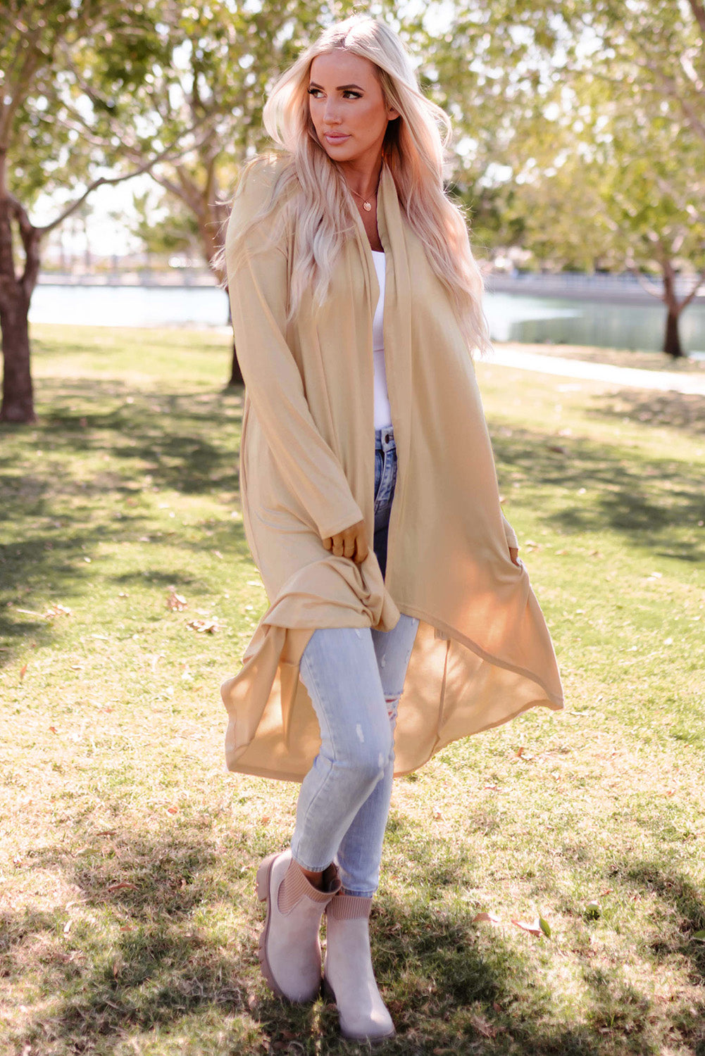 Apricot Long Sleeve Pockets High Low Open Front Cardigan-yoyobikini