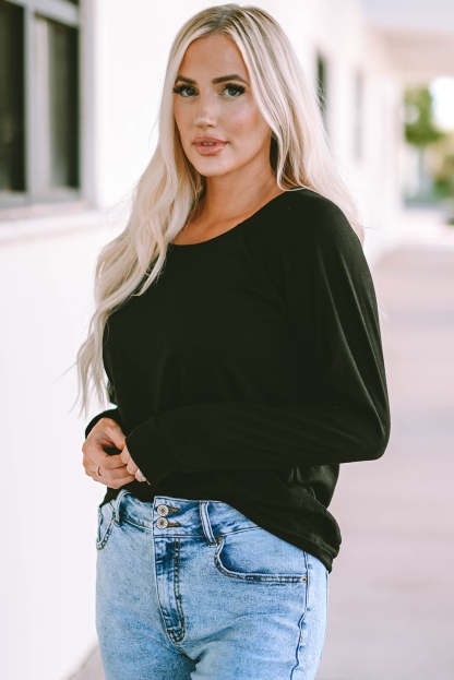 Black Solid Casual Round Neck Raglan Long Sleeve Tee-yoyobikini