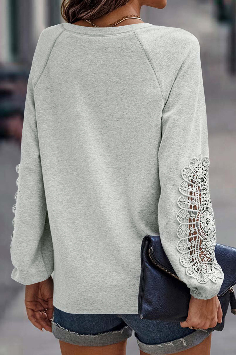 Gray Crochet Lace Patch Raglan Sleeve Top-yoyobikini