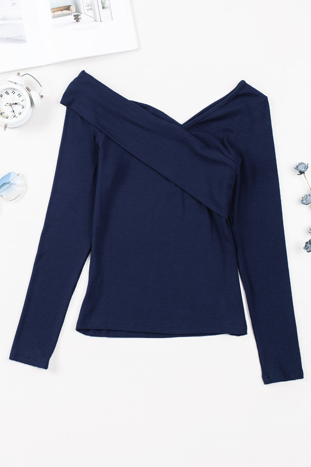 Blue Ribbed Wrap V Neck Long Sleeve Top-yoyobikini