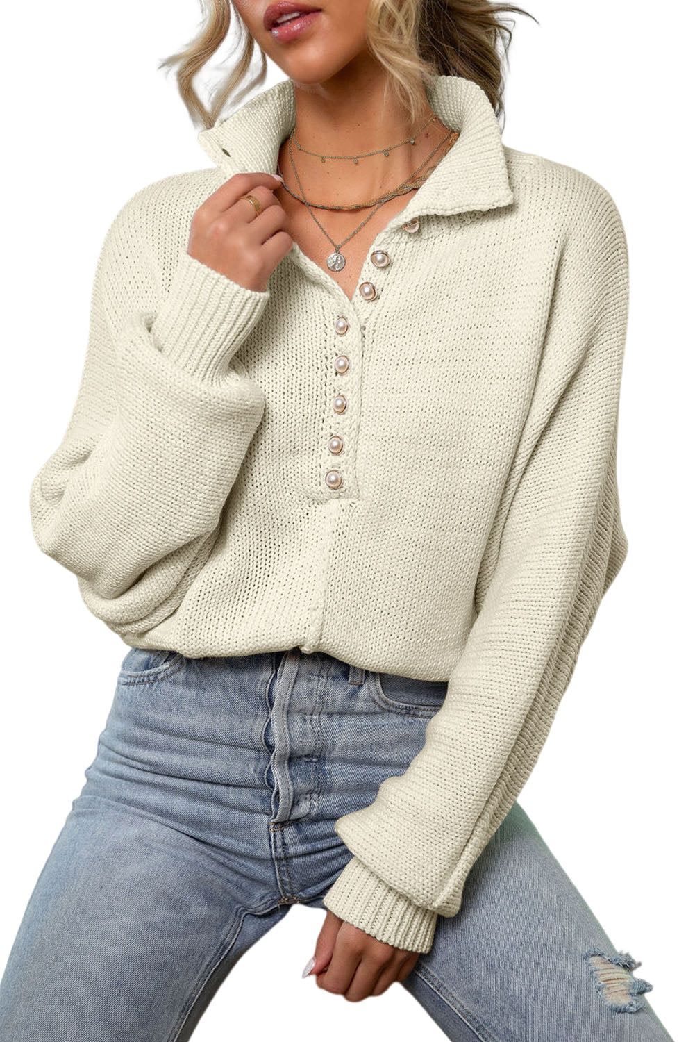 Beige Pearl Button Stand Collar Dolman Sleeve Sweater-yoyobikini