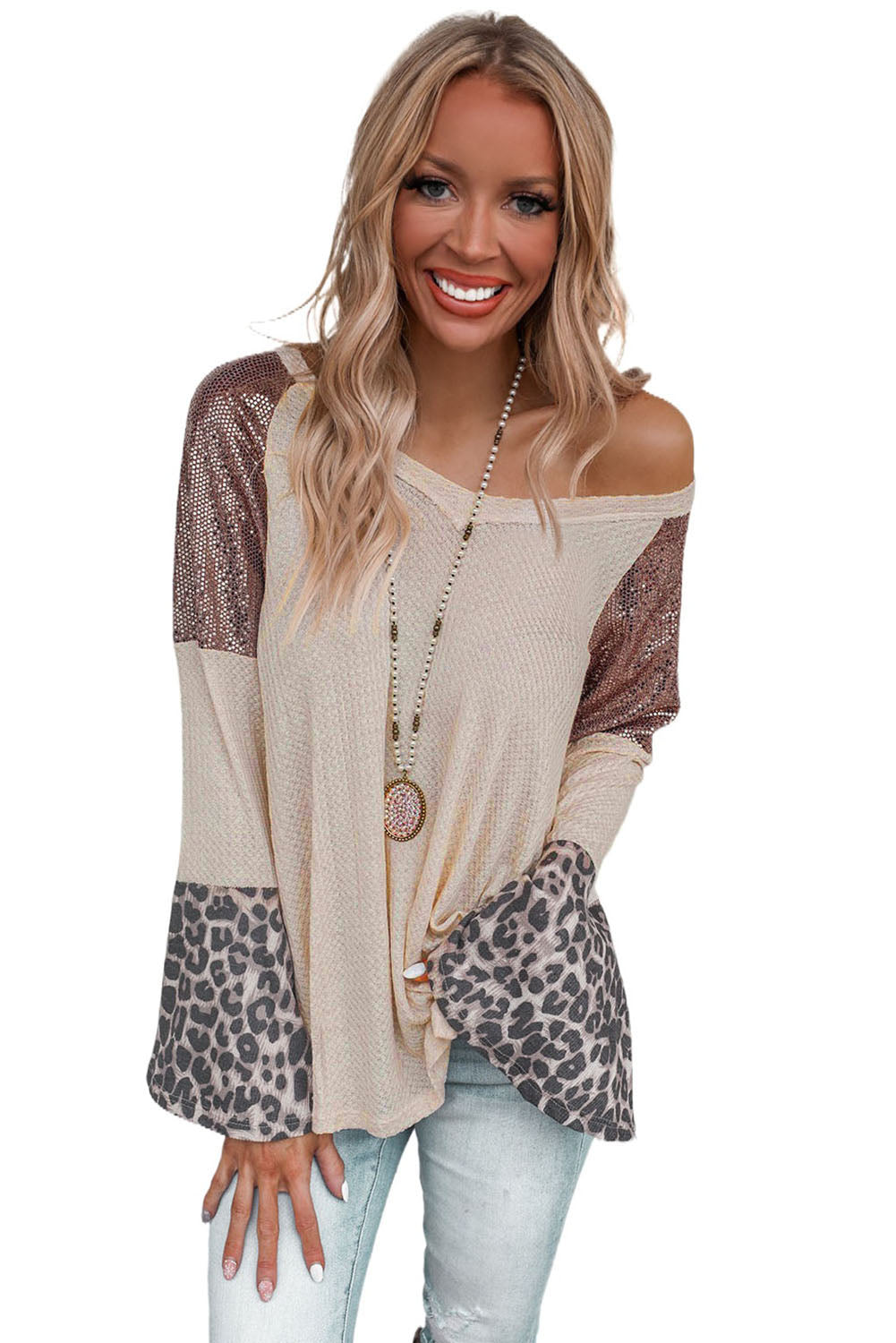 Leopard Sequin Patchwork Bell Sleeve V Neck Tunic Top-yoyobikini