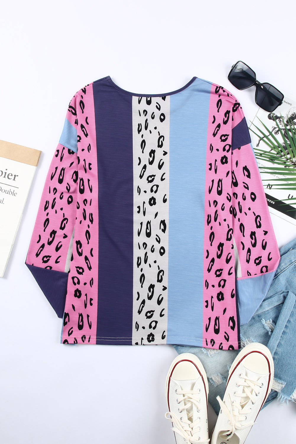 Leopard Color Block Leopard Long Sleeve Blouse-yoyobikini