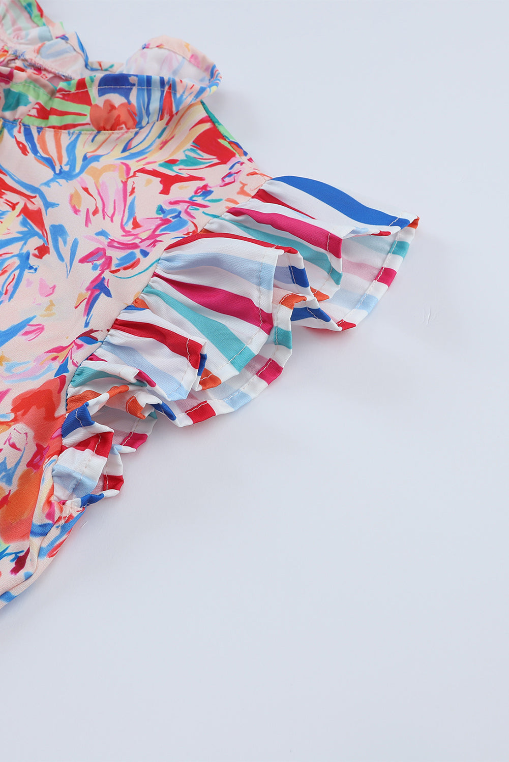 Multicolor Abstract Striped Patchwork Ruffled Short Sleeve Blouse-yoyobikini