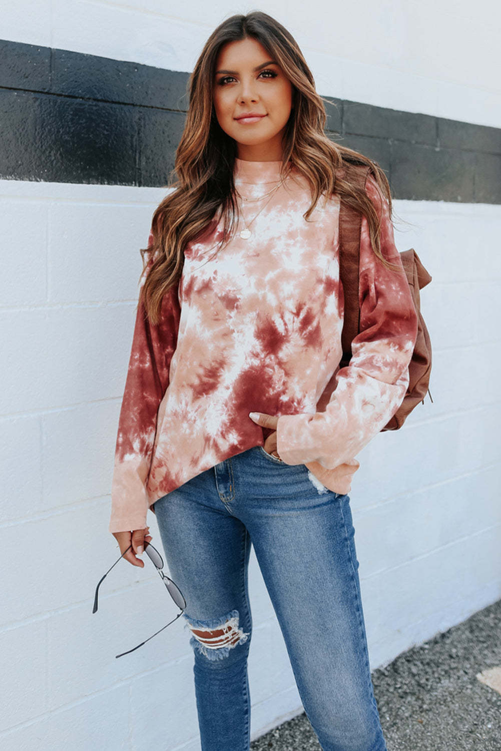 Red Tie Dye Crew Neck Long Sleeve Top-yoyobikini