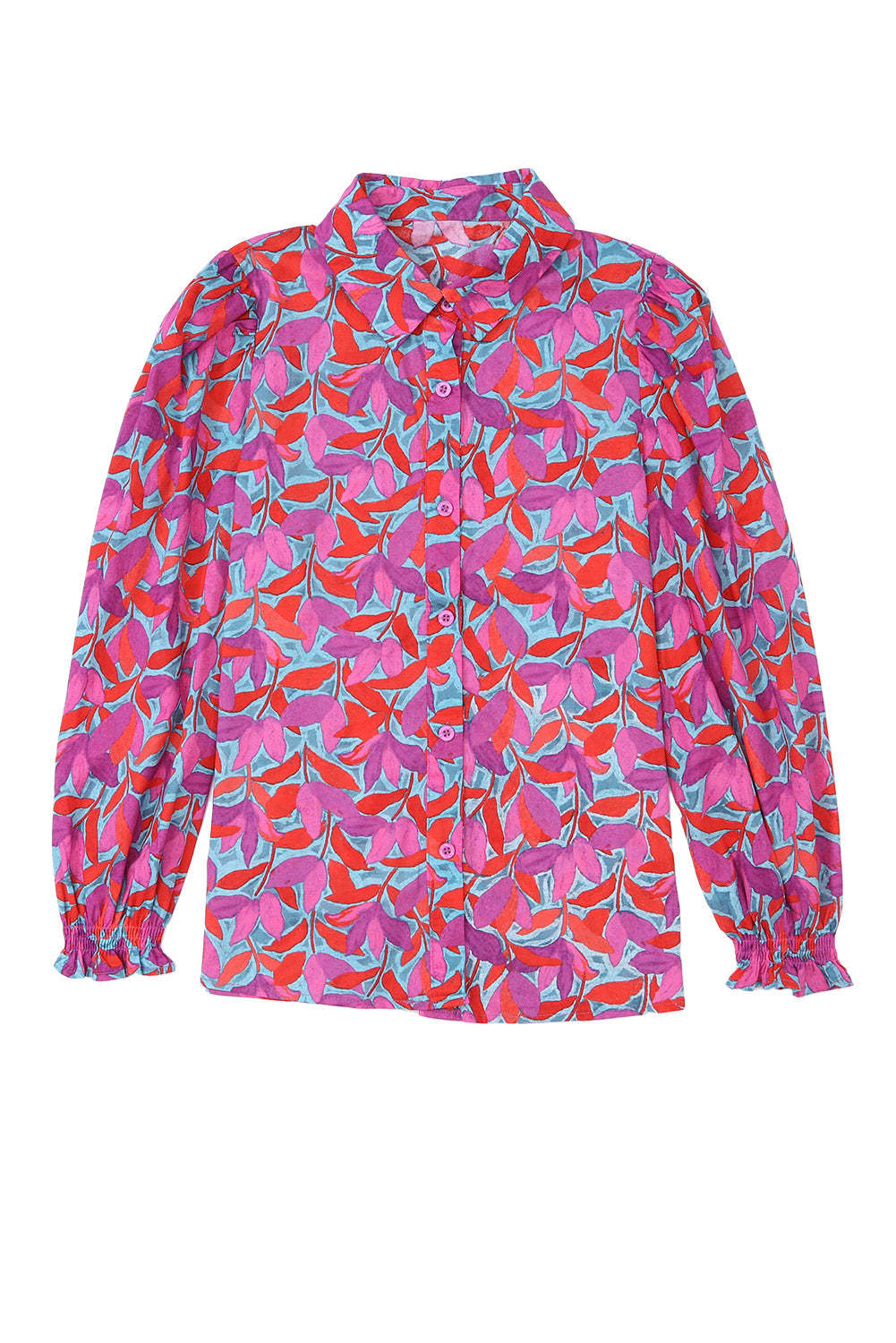 Multicolor Abstract Floral Button Up Long Puff Sleeve Shirt-yoyobikini