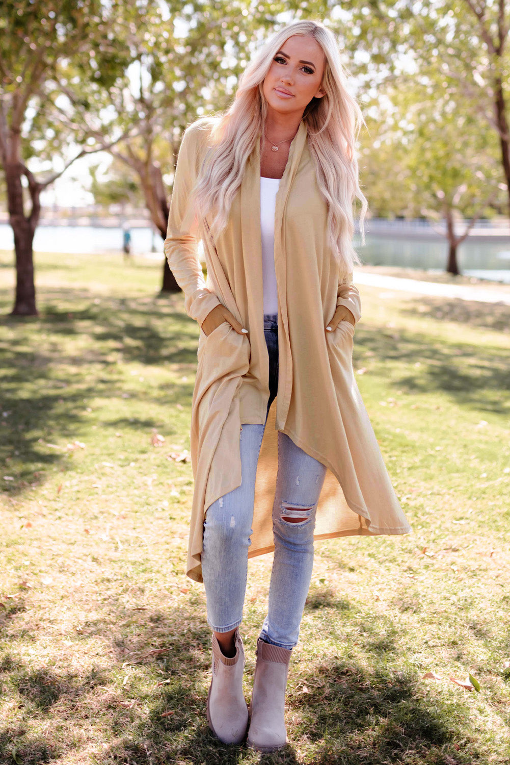 Apricot Long Sleeve Pockets High Low Open Front Cardigan-yoyobikini
