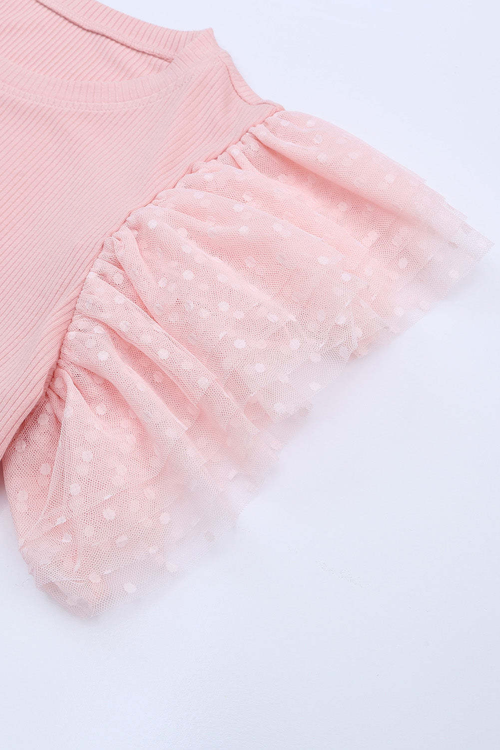 Pink Ruffle Tulle Sleeve Ribbed Knit Bodycon Dress-yoyobikini