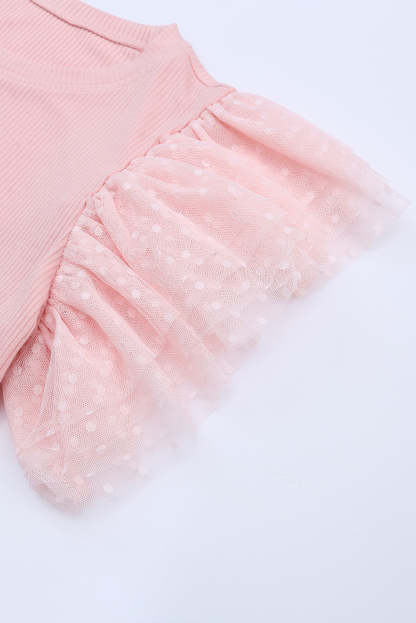 Pink Ruffle Tulle Sleeve Ribbed Knit Bodycon Dress-yoyobikini