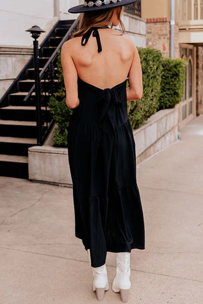 Black Halter Neck Backless Midi Dress-yoyobikini