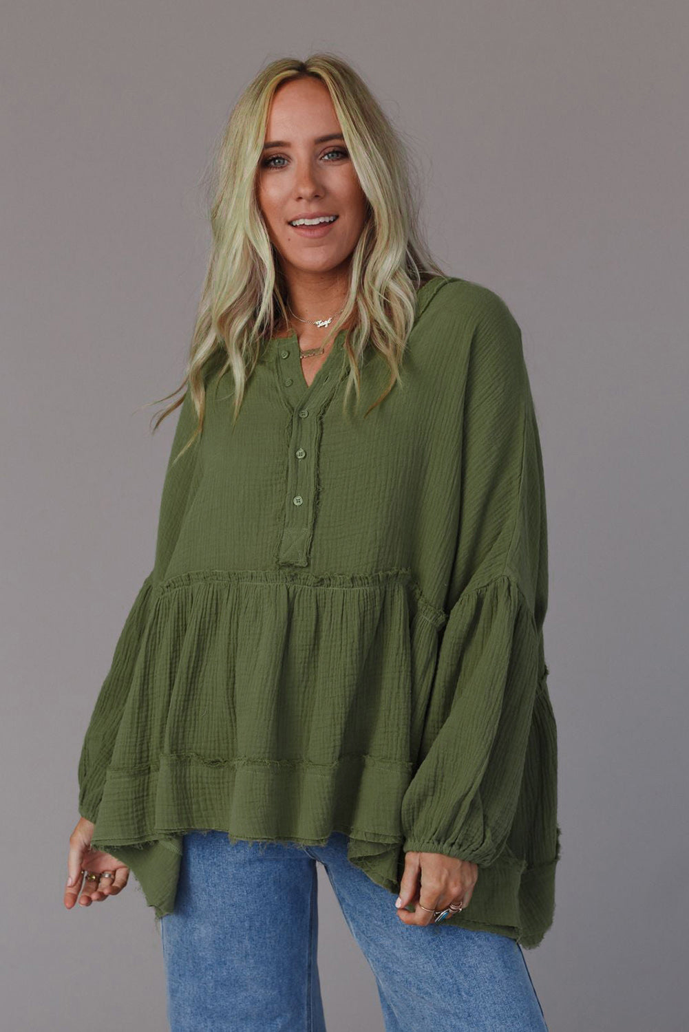 Green Henley Button Drop Shoulder Loose Sleeve Raw Edge Top-yoyobikini