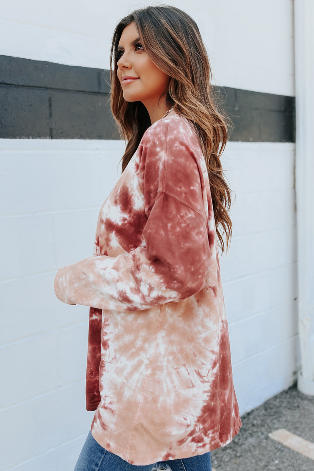 Red Tie Dye Crew Neck Long Sleeve Top-yoyobikini