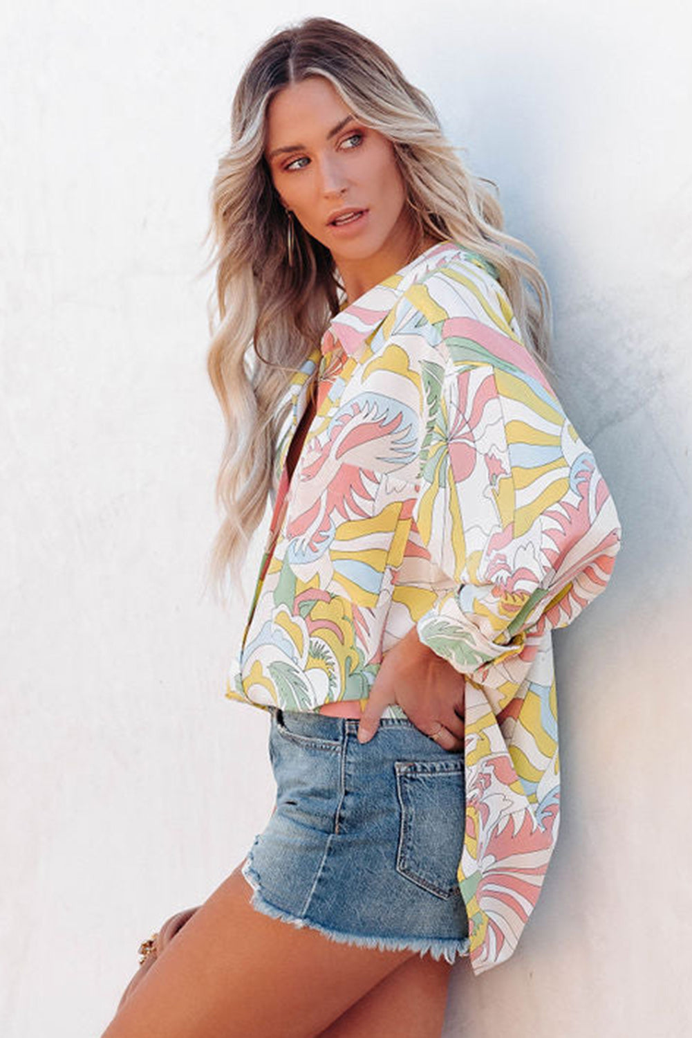 Multicolor Abstract Printed Turn-Down Collar Loose Shirt-yoyobikini