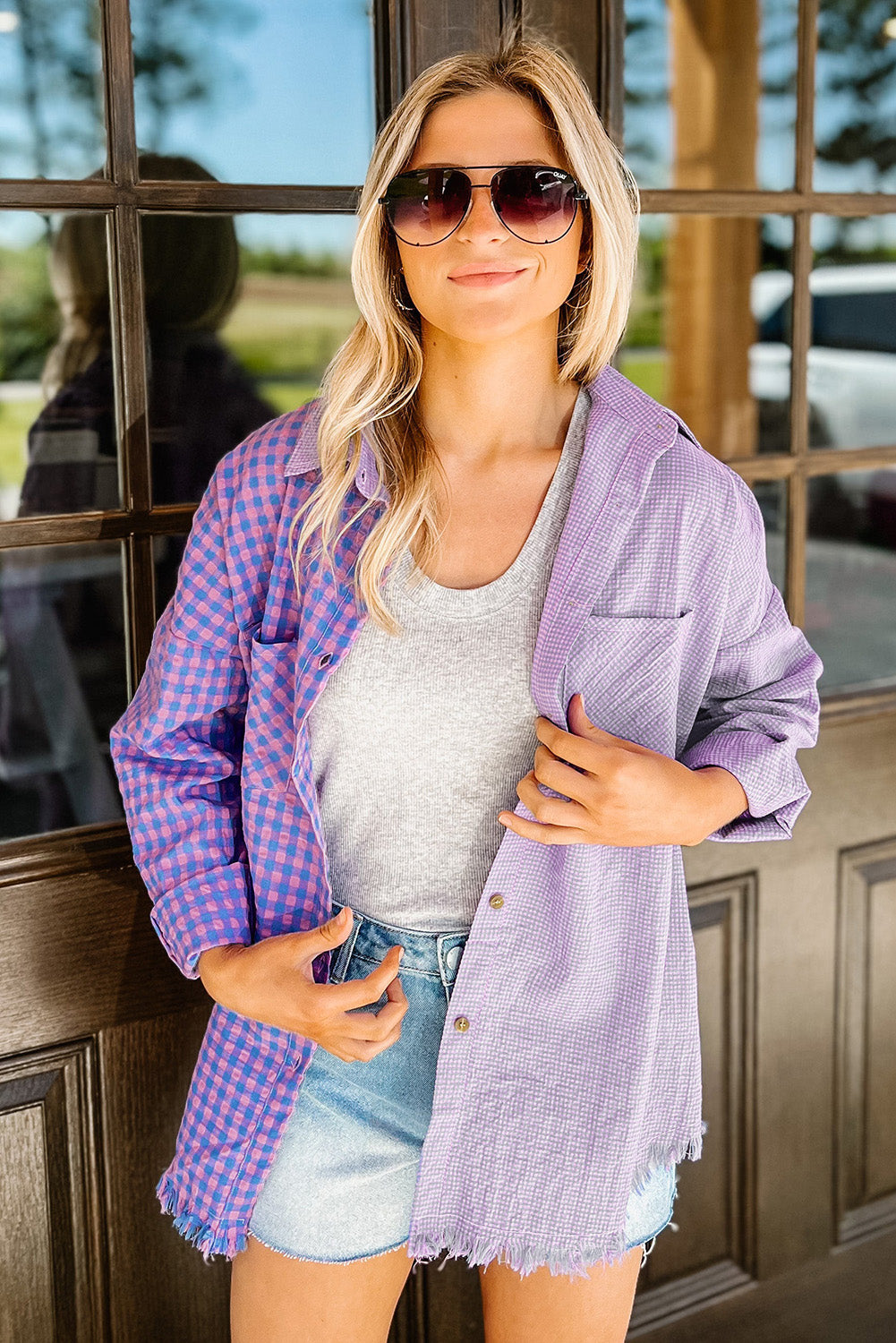 Purple Mixed Plaid Button Down Long Sleeve Chest Pocket Shirt-yoyobikini