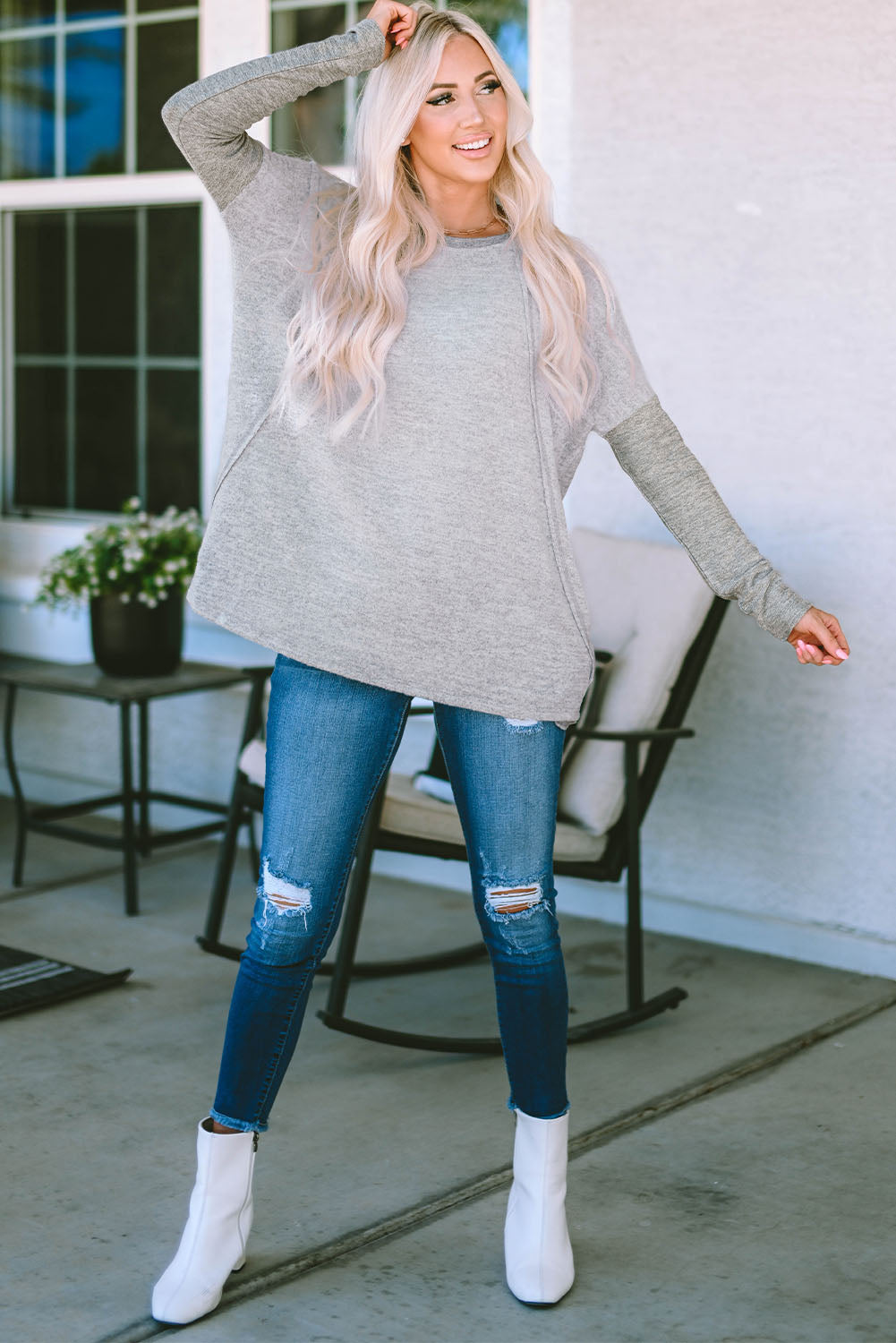 Gray Exposed Seam Patchwork Long Sleeve Top-yoyobikini