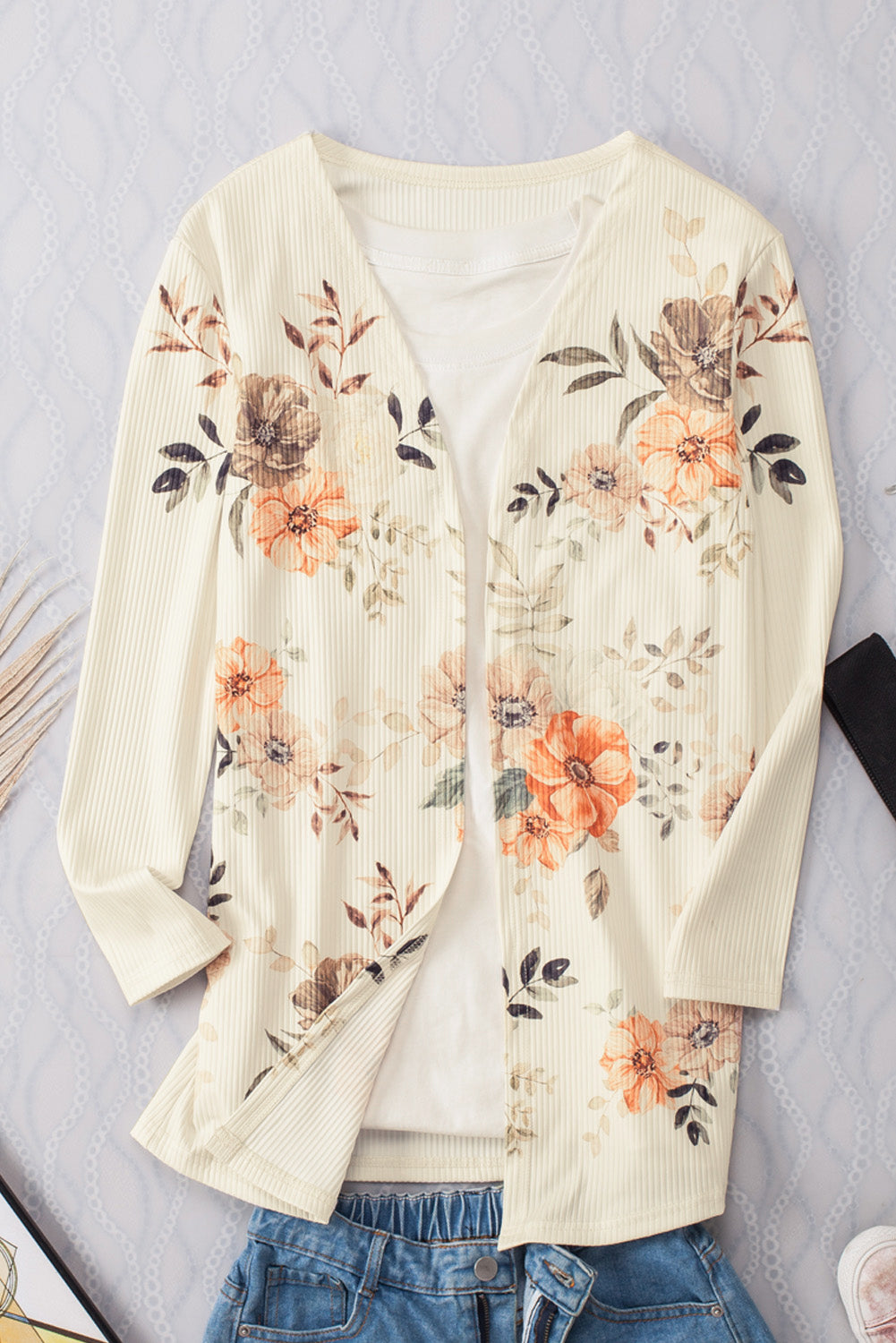 Apricot Floral Print Ribbed Knit Slim Fit Cardigan-yoyobikini