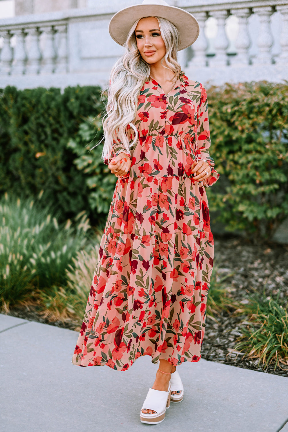 Red Frilled Collar Long Sleeve Tiered Maxi Floral Dress-yoyobikini