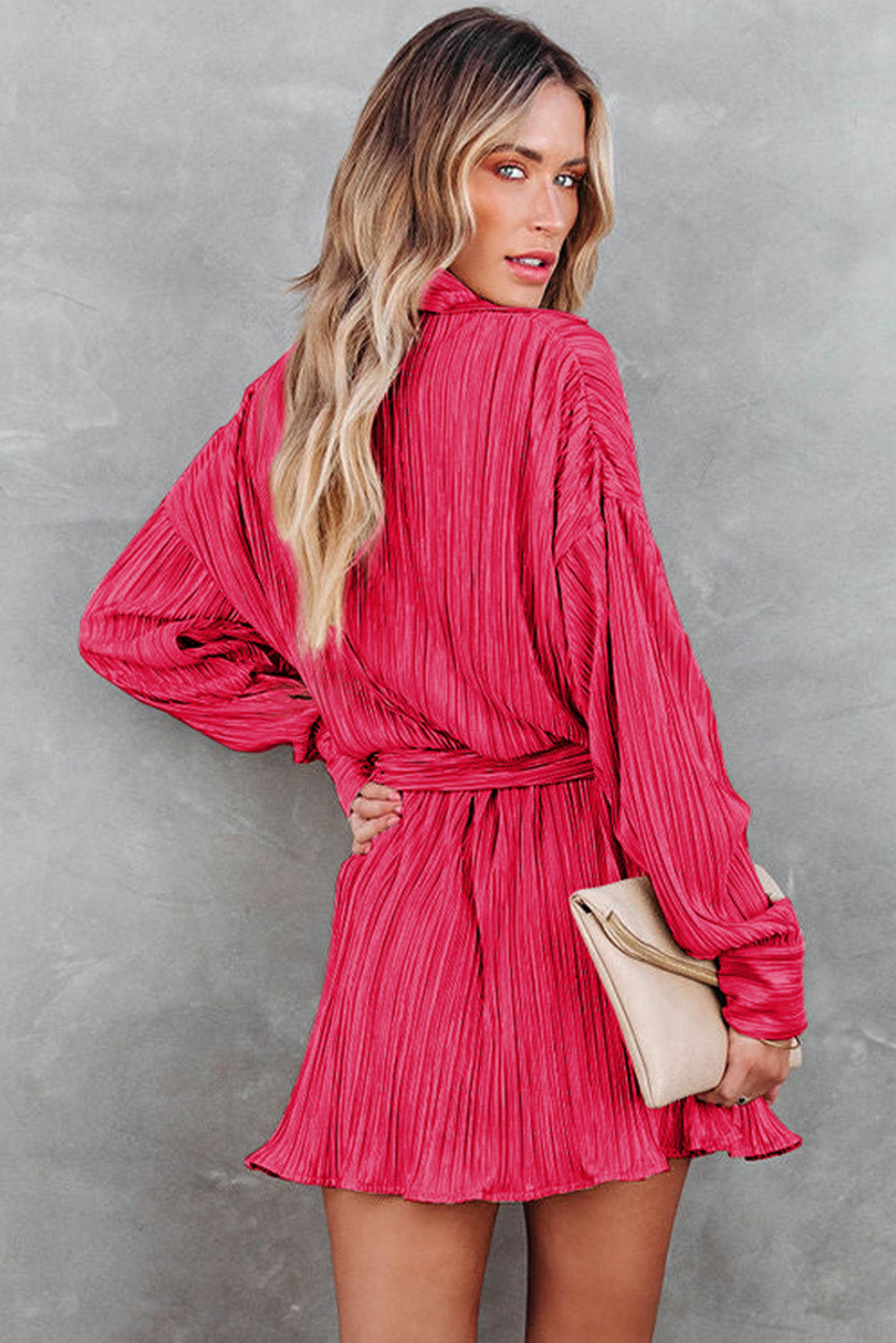 Rose Pleated Buckle Belt Drop Shoulder Shirt Mini Dress-yoyobikini