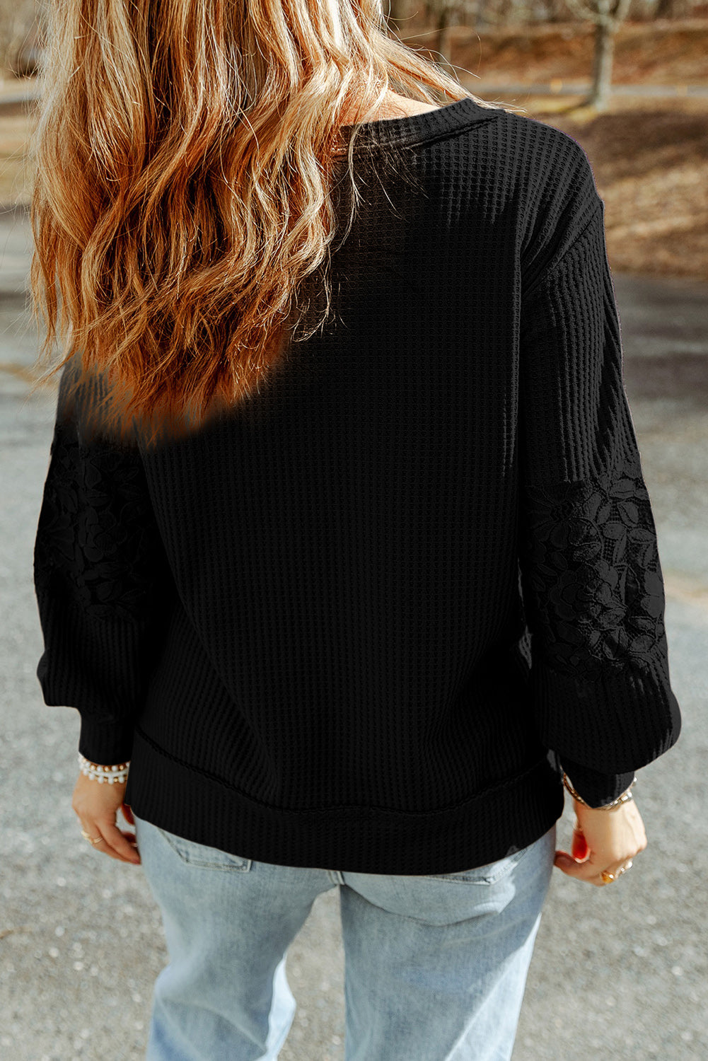Black Lace Waffle Patchwork Strappy V Neck Long Sleeve Top-yoyobikini