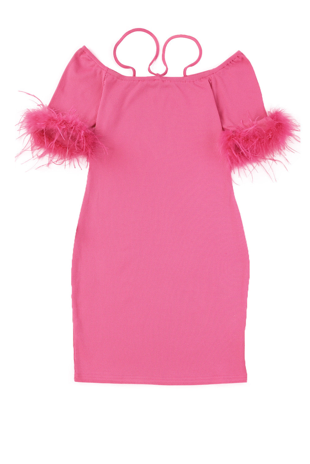 Rose Ribbed Off Shoulder Feather Cuff Bodycon Dress-yoyobikini