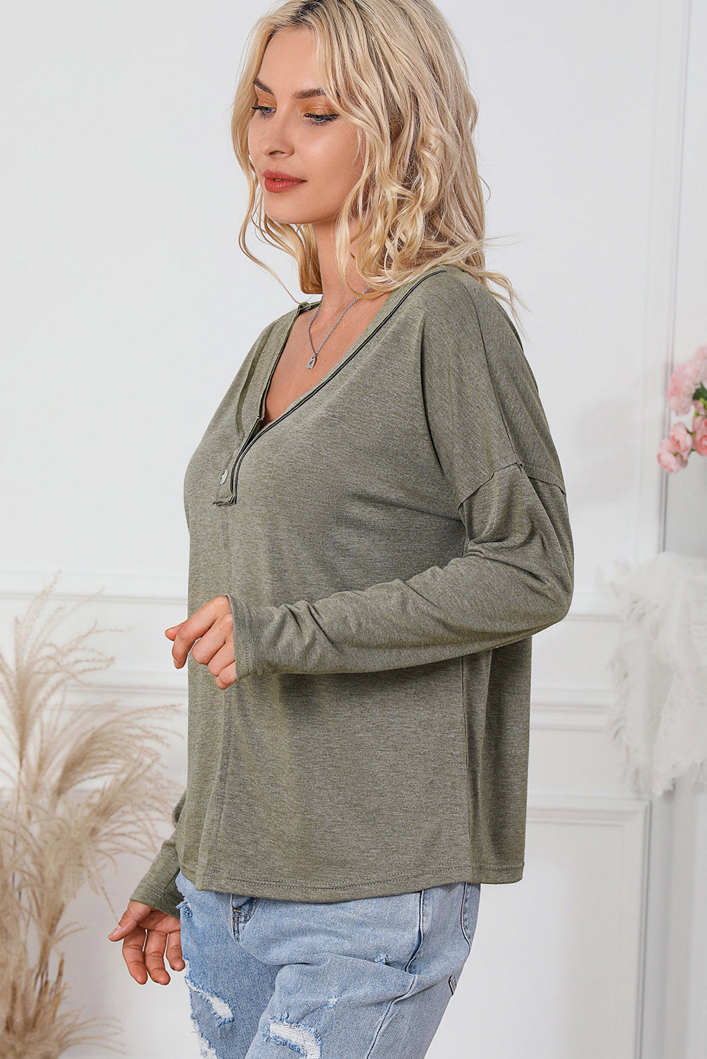 Khaki Long Sleeve V-Neck Stitching Henley Top-yoyobikini